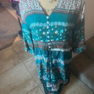 Boho Button-Front V-Neck long Dress in Teal Floral